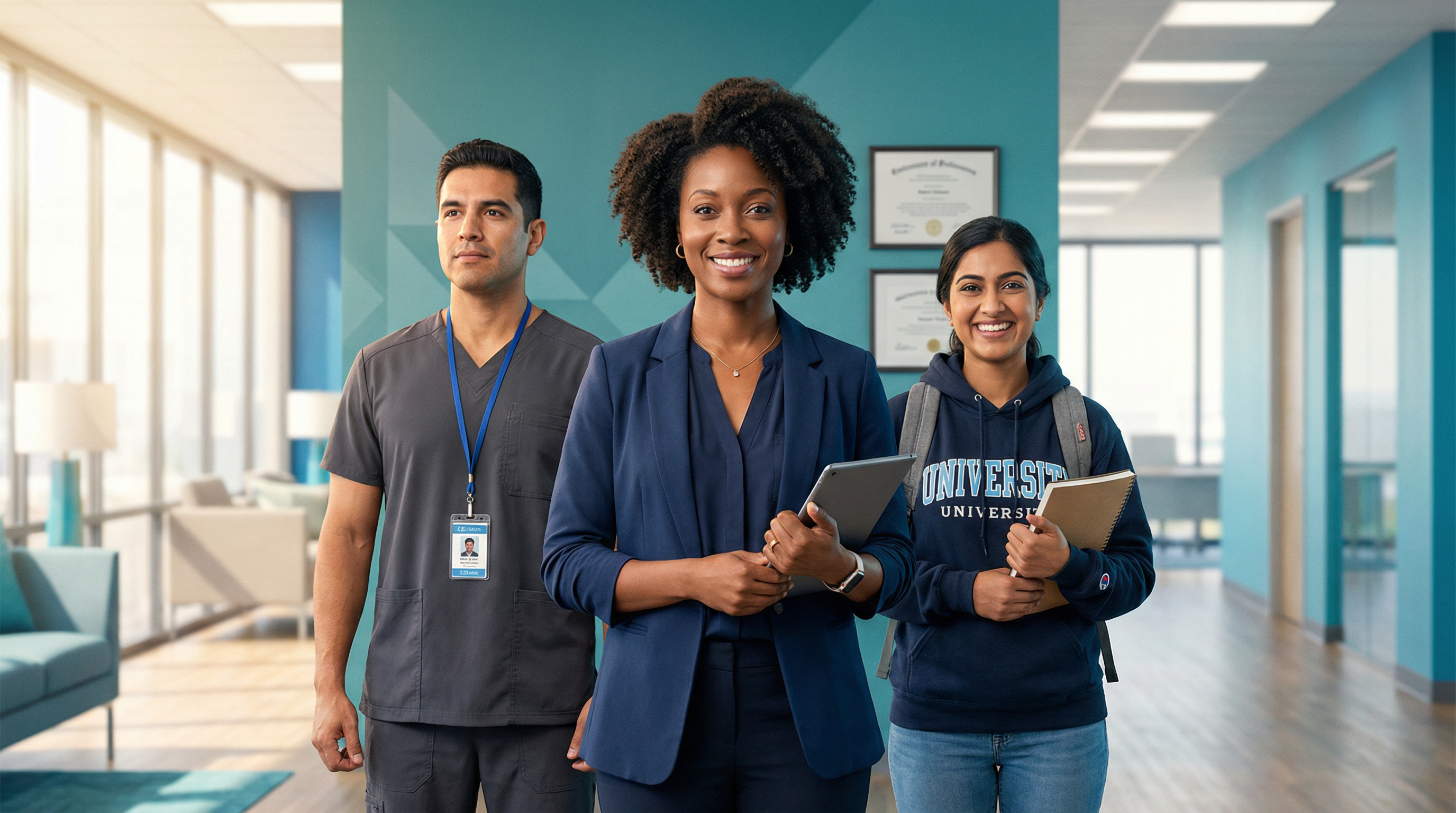 Diverse ABA professionals — RBT and BCBA — standing confidently in a modern therapy clinic, representing the rbt to bcba timeline career journey