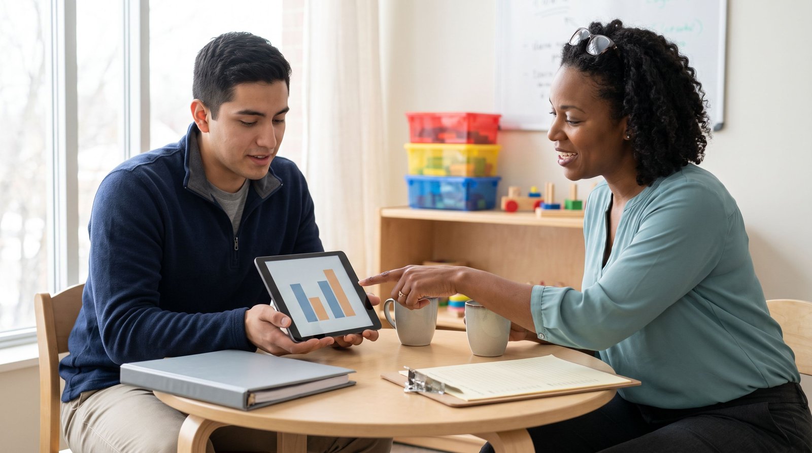 A board certified behavior analyst in a teal blouse points at a tablet held by a young behavior technician in a navy quarter-zip as they review session data together at a small round table in a bright ABA clinic workroom.