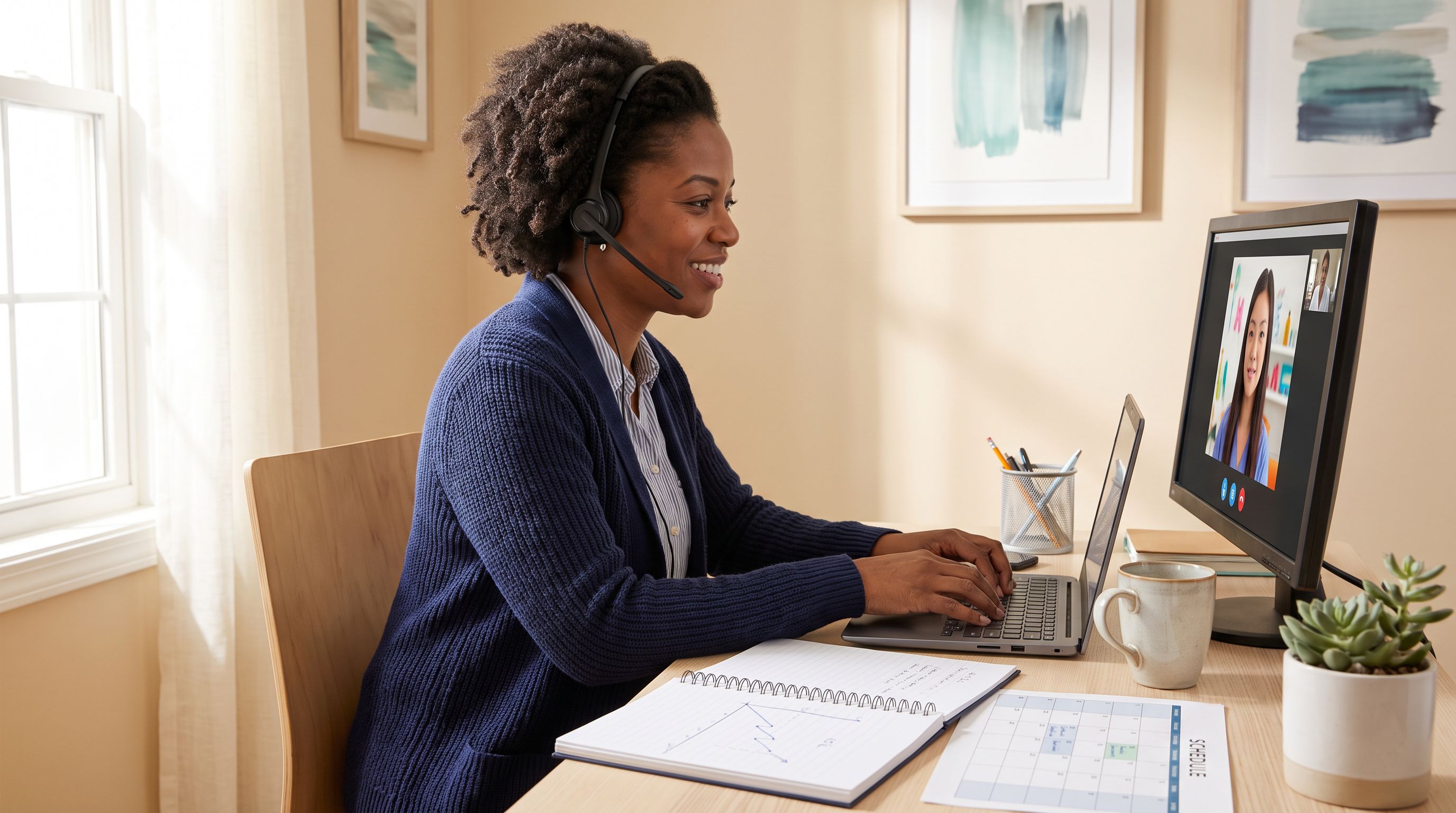 A behavior analyst wearing a headset works at a desk in a bright home office, on a video call with a technician shown on her monitor, with a notebook line graph and a printed schedule beside her laptop. A behavior analyst wearing a headset works at a desk in a bright home office, on a video call with a technician shown on her monitor, with a notebook line graph and a printed schedule beside her laptop.