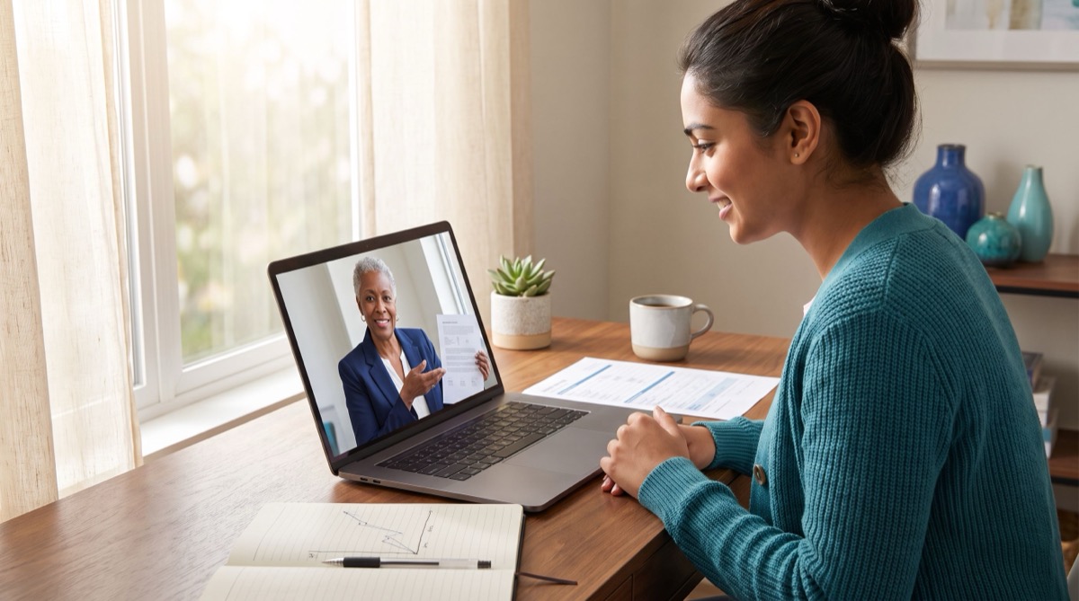 A behavior analyst trainee in a teal cardigan smiles during a live video call at her home-office desk, where her BCBA supervisor on the laptop screen holds up a document; a notebook with a hand-drawn data graph and printed forms sit on the desk. A behavior analyst trainee in a teal cardigan smiles during a live video call at her home-office desk, where her BCBA supervisor on the laptop screen holds up a document; a notebook with a hand-drawn data graph and printed forms sit on the desk.