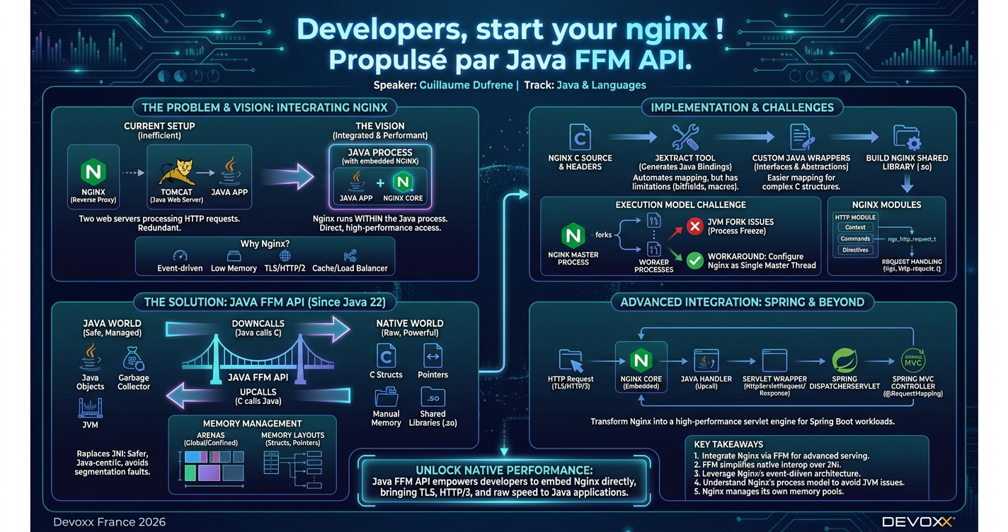 Developers, start your nginx ! Propulsé par Java FFM API. infographic
