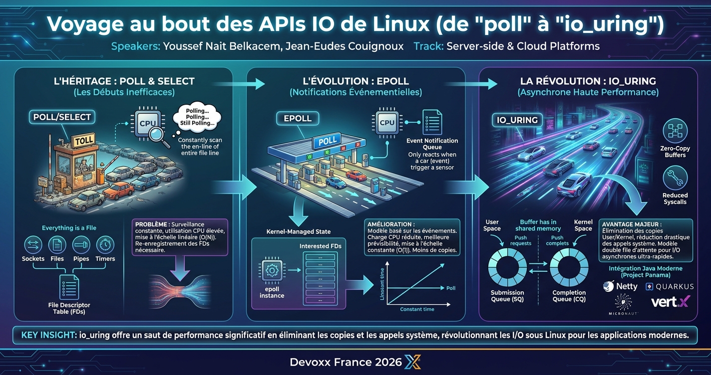 Voyage au bout des APIs IO de Linux (de "poll" à "io_uring") infographic