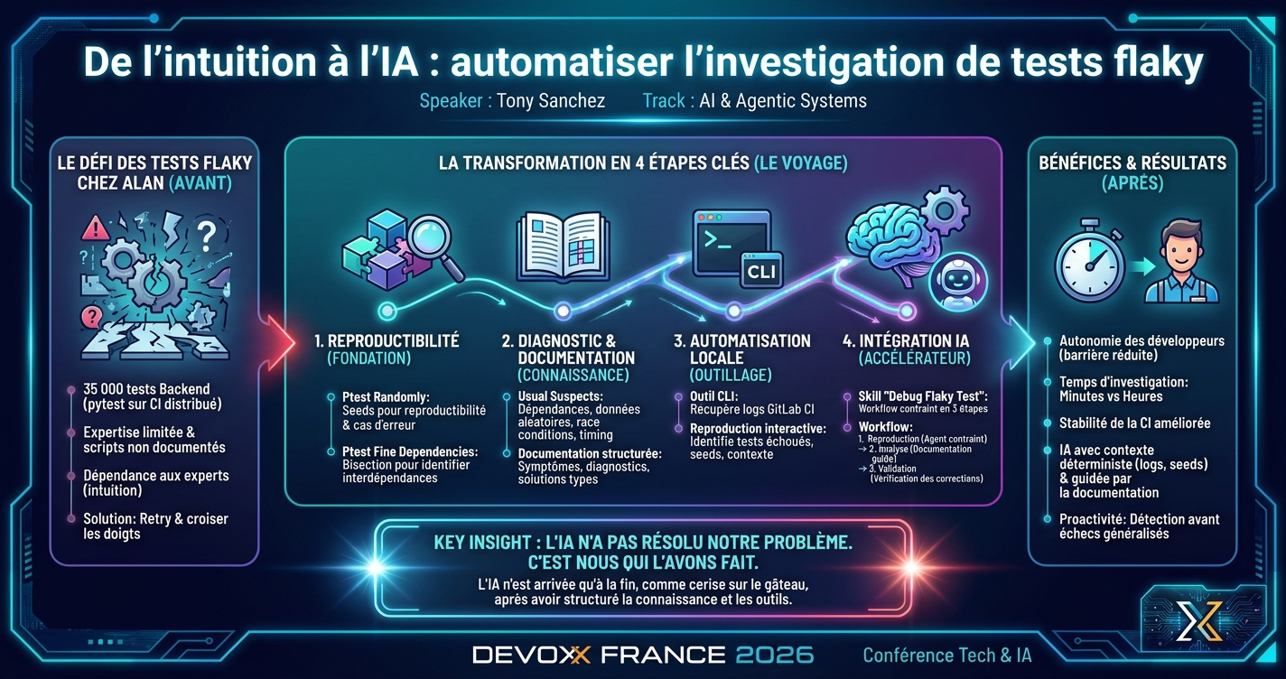 De l'intuition à l'IA : automatiser l'investigation de tests flaky infographic
