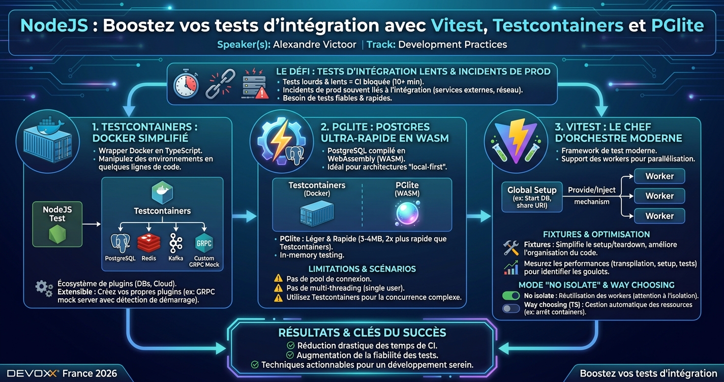 NodeJS : Boostez vos tests d'intégration avec Vitest, Testcontainers et PGlite infographic