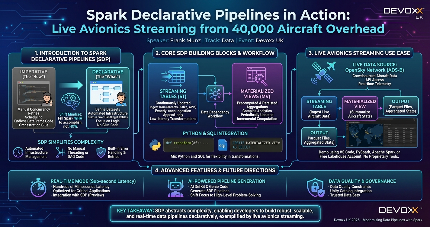 Spark Declarative Pipelines in Action: Live Avionics Streaming from 40,000 Aircraft Overhead infographic