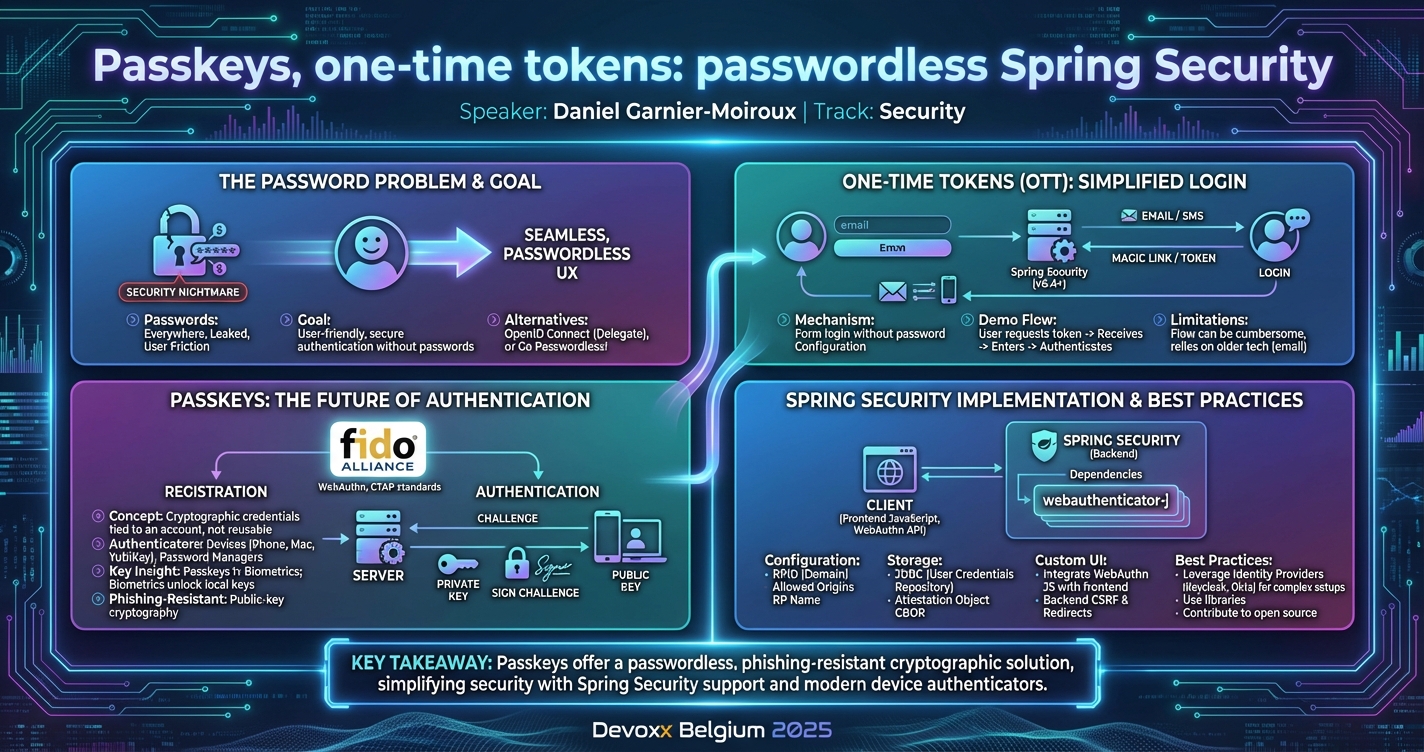 Passkeys, one-time tokens: passwordless Spring Security infographic