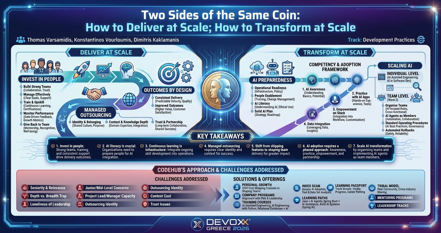 Two sides of the same coin: How to deliver at scale; How to transform at scale infographic