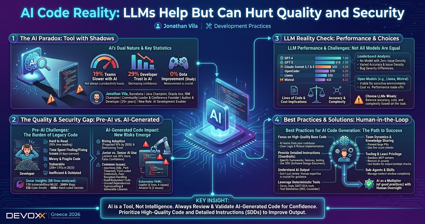 AI Code Reality: LLMs Help But Can Hurt Quality and Security infographic