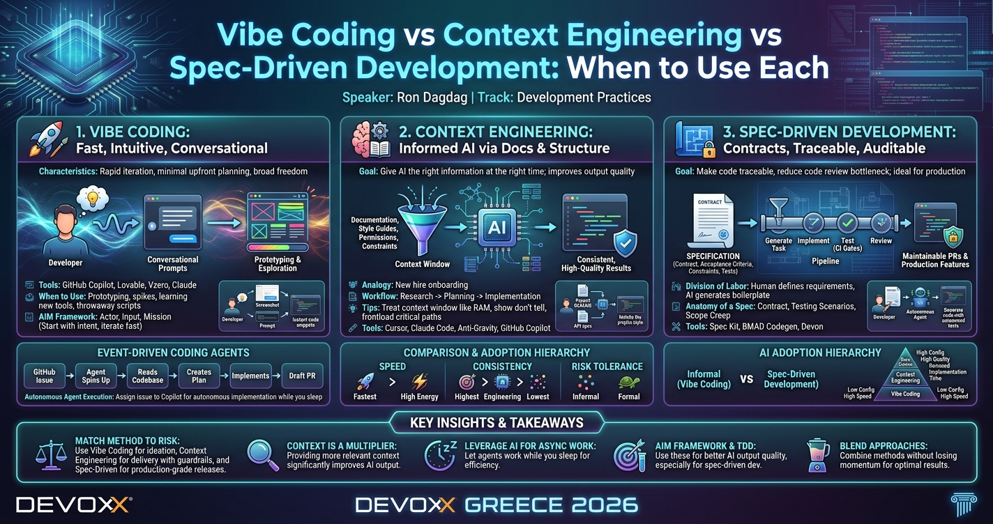 Vibe Coding vs Context Engineering vs Spec-Driven Development: When to Use Each infographic
