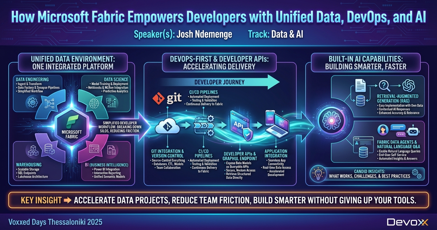 How Microsoft Fabric Empowers Developers with Unified Data, DevOps, and AI infographic