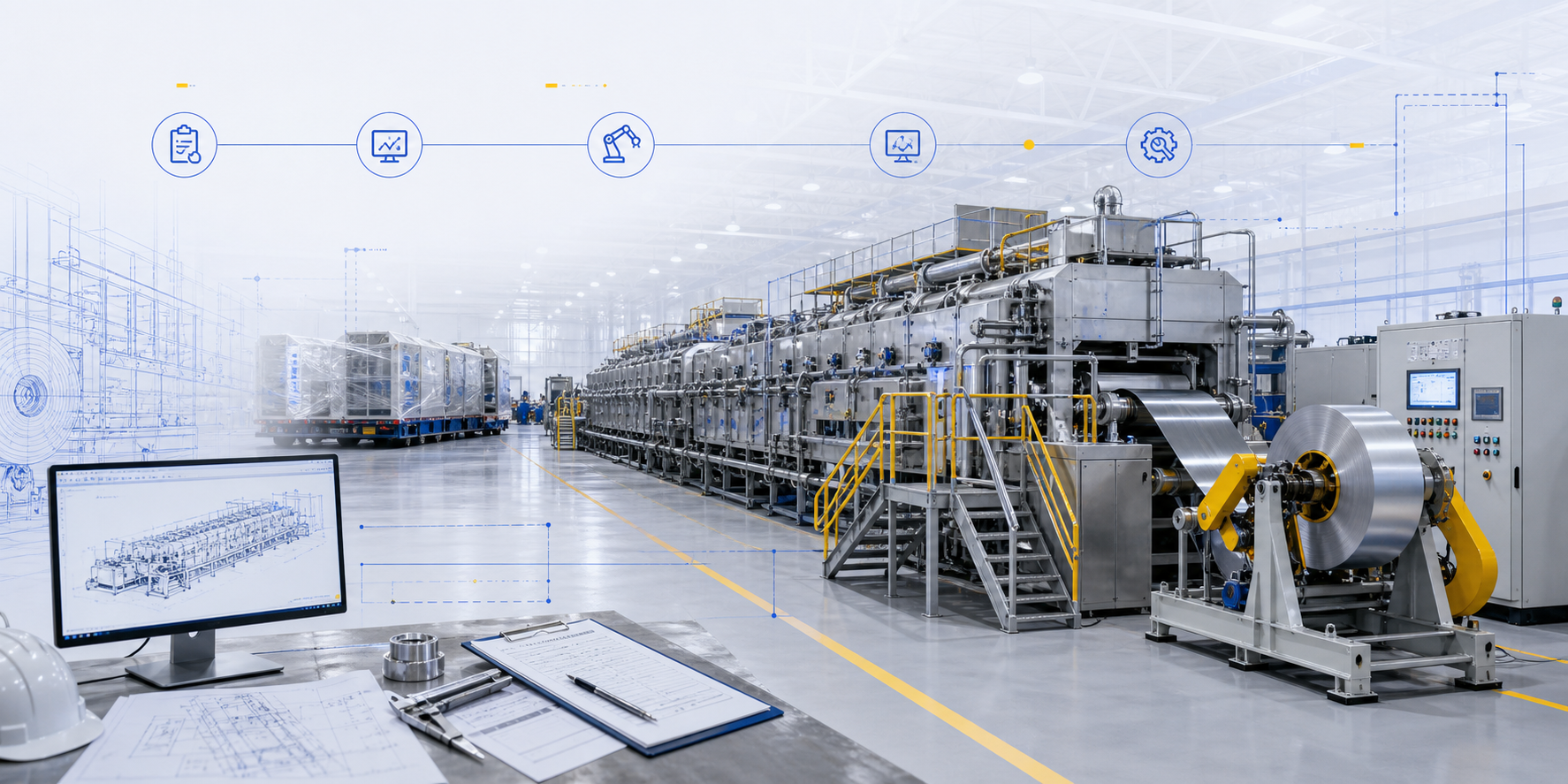 Bright annealing furnace engineering workflow on a clean factory floor