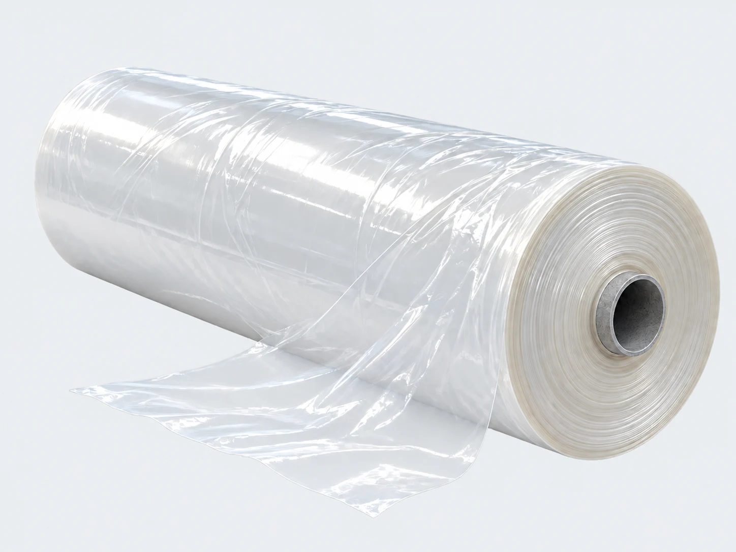 Illustrative horizontal packaging film roll with visible wound layers, hollow core and a thin flexible film edge