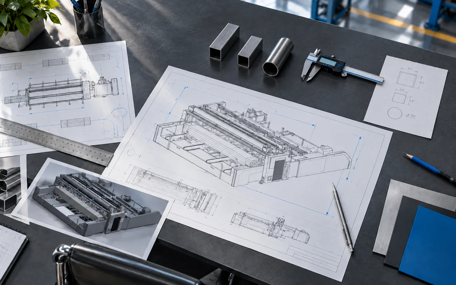 Equipment drawings beside short tube samples, a digital caliper and dimension notes