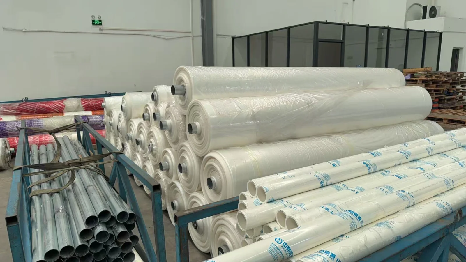 Film rolls and individually covered tubes stored in a workshop