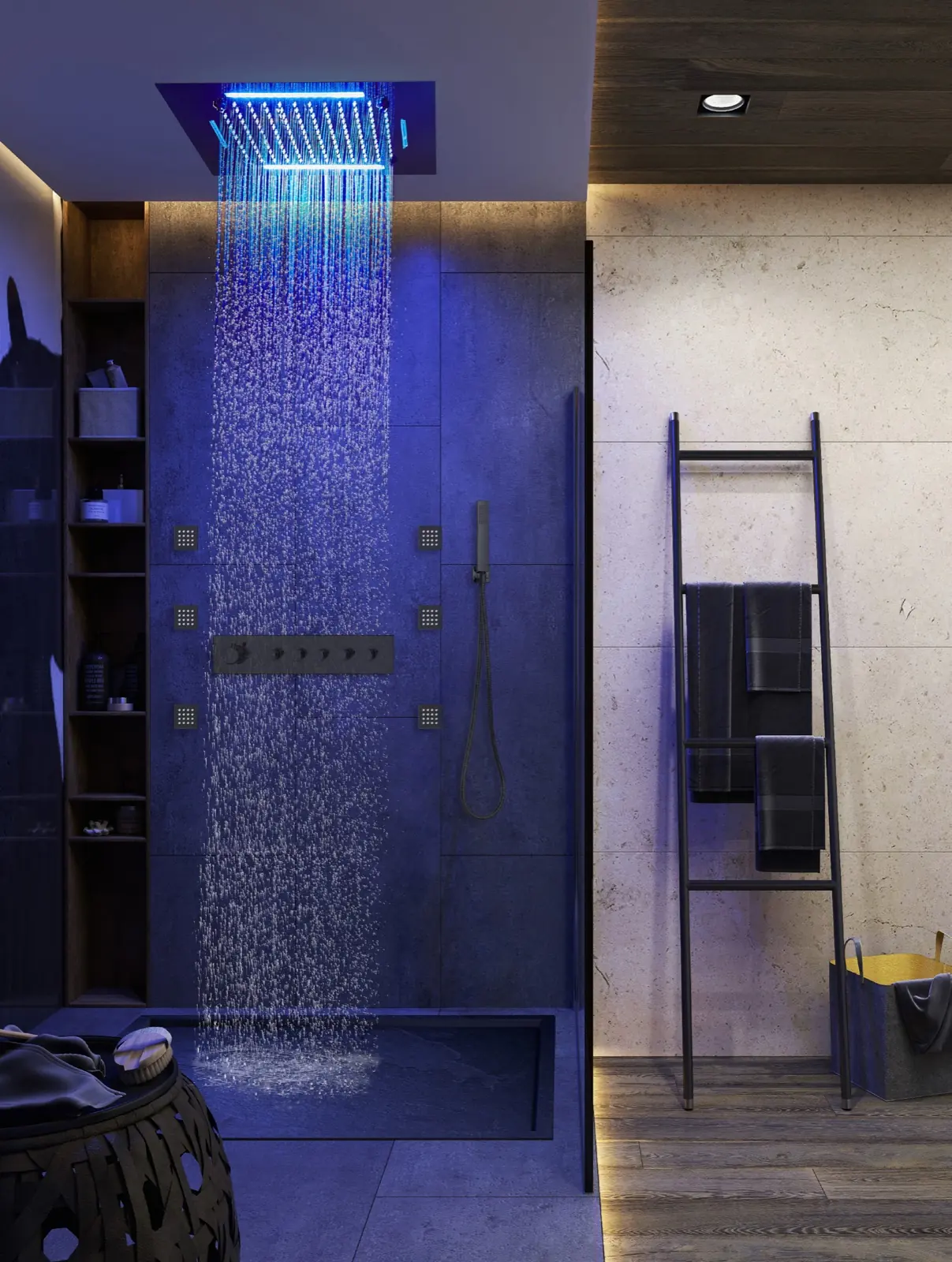 Blue-lit rain falling from a ceiling shower into a dark architectural bathroom