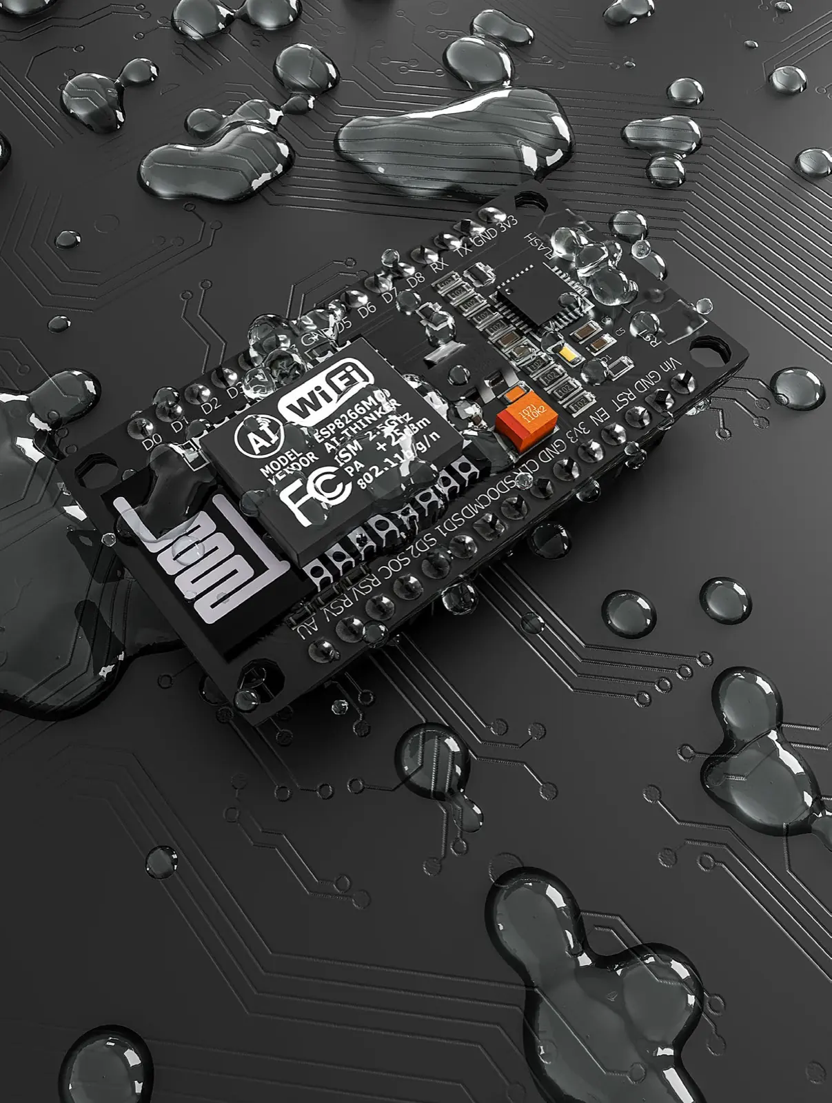 A waterproof wireless lighting receiver surrounded by water droplets on a dark circuit surface