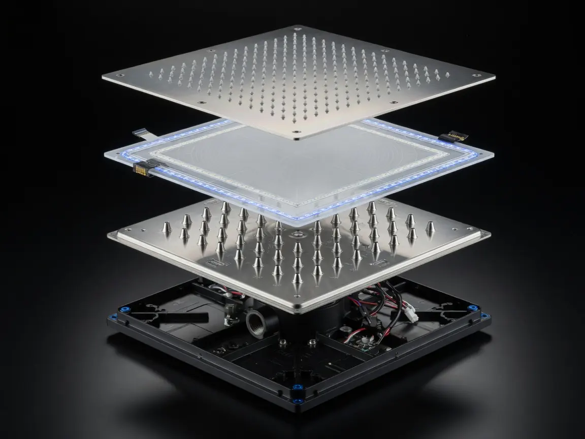Exploded ceiling shower assembly showing face, light guide, nozzle layer and internal components