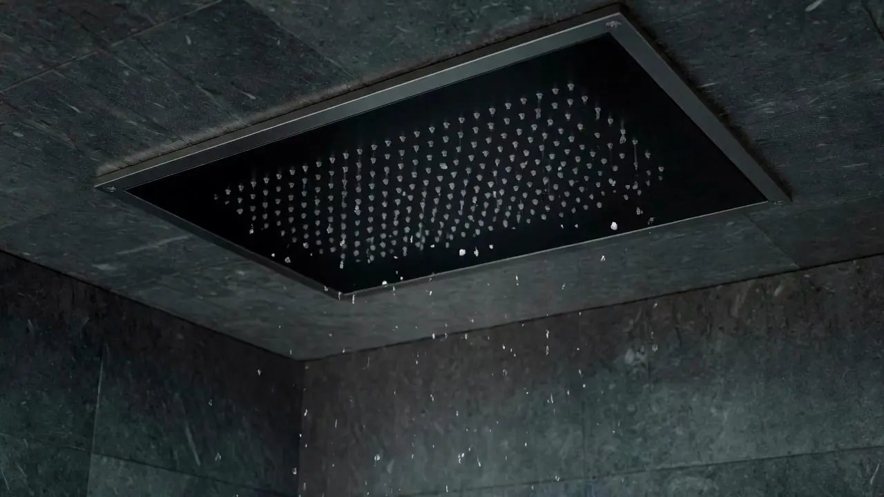 A YUWANG ceiling shower set into dark stone, ready for an illuminated rainfall experience
