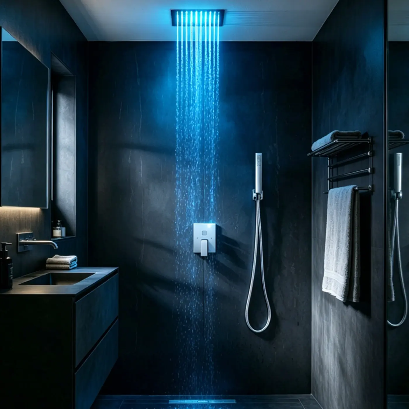 Meteor 300A two-function shower system installed in an atmospheric bathroom setting