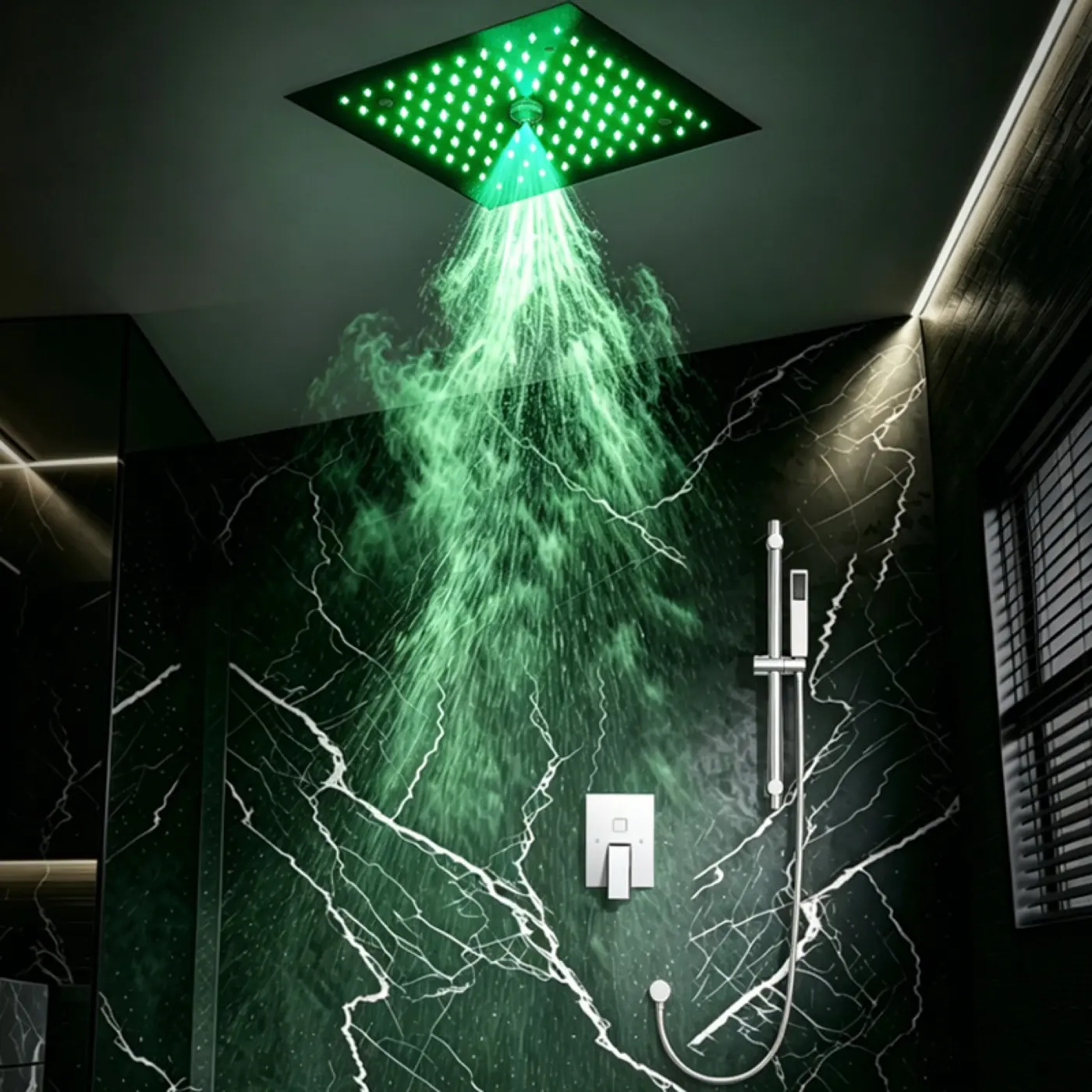 Meteor 300B three-function shower system installed in an atmospheric bathroom setting