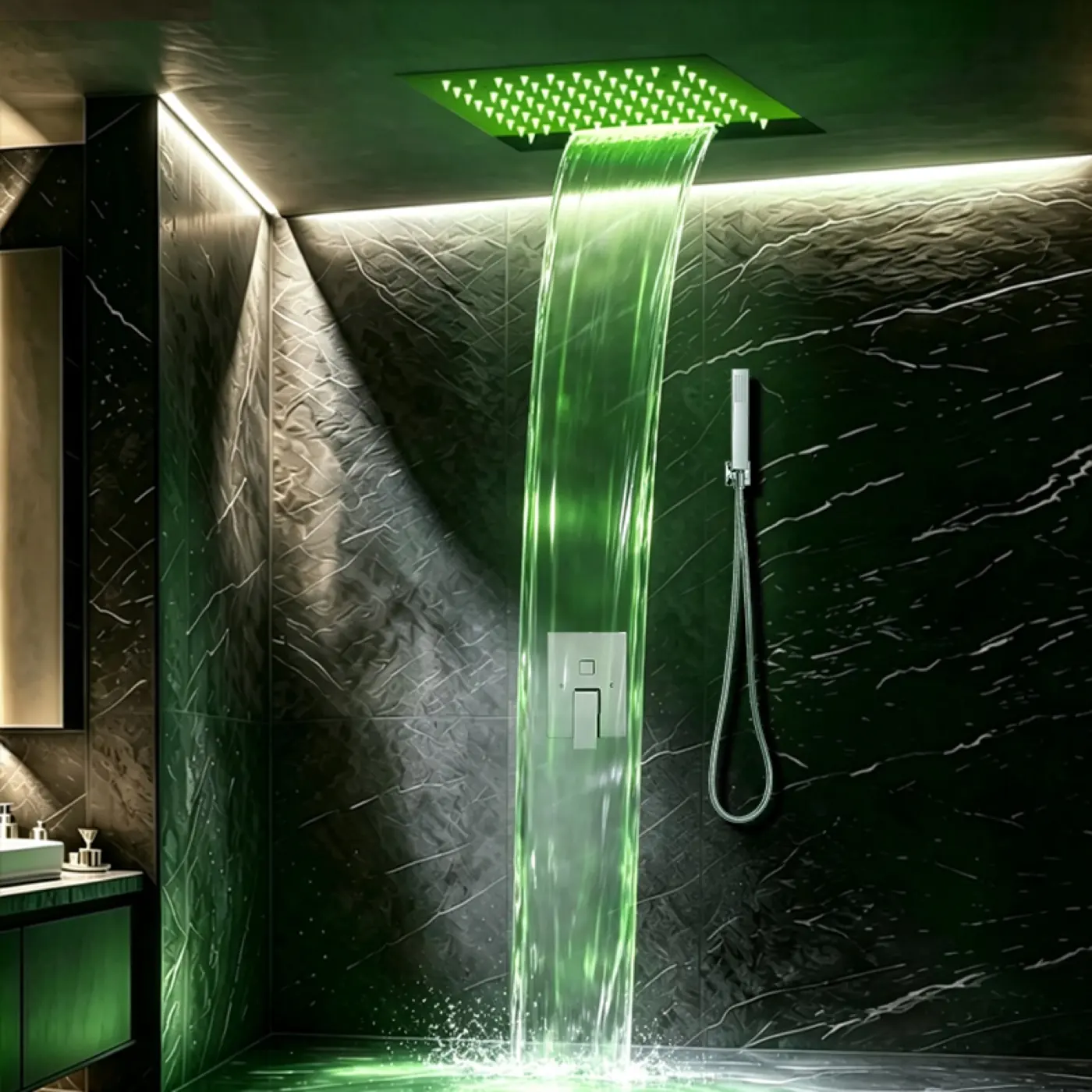 Meteor 300E waterfall shower system installed in an atmospheric bathroom setting