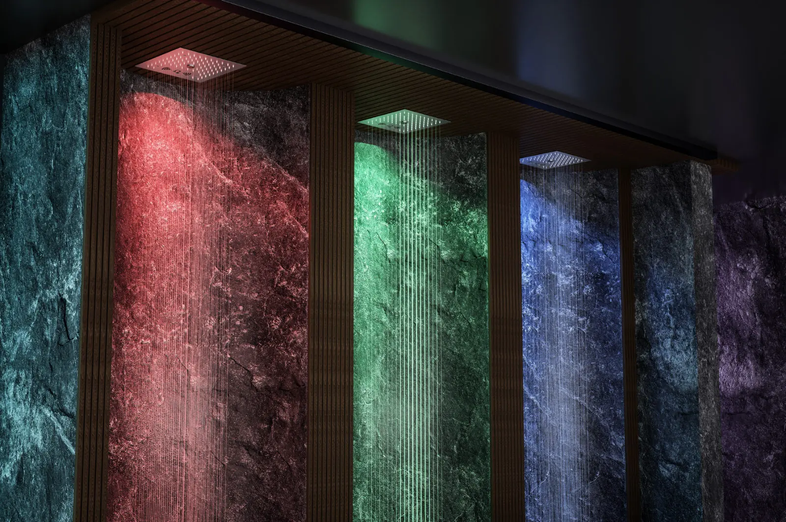 YUWANG illuminated ceiling showers demonstrating red, green and blue ambient rain scenes