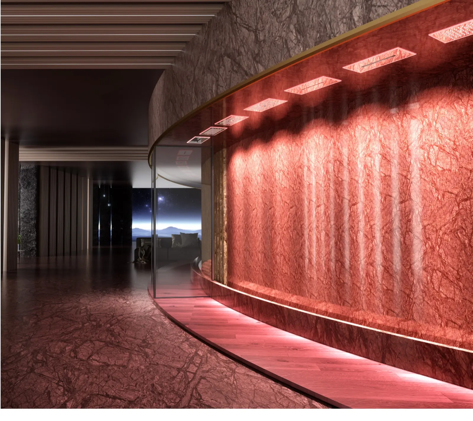 Supplied red-lit shower-space illustration with multiple overhead panels