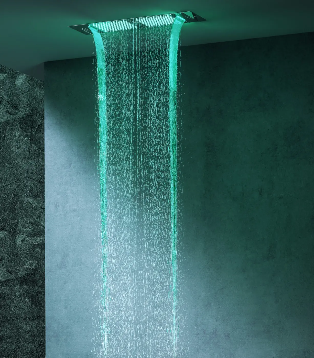 Long rectangular ceiling shower with cyan lighting and overhead water streams