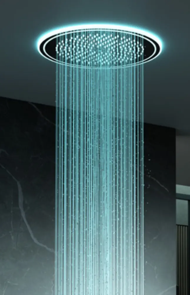Round ceiling shower in a cyan lighting scene