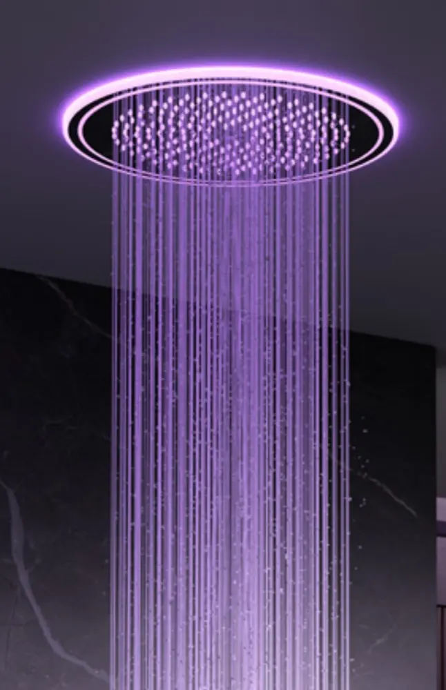Round ceiling shower with violet lighting