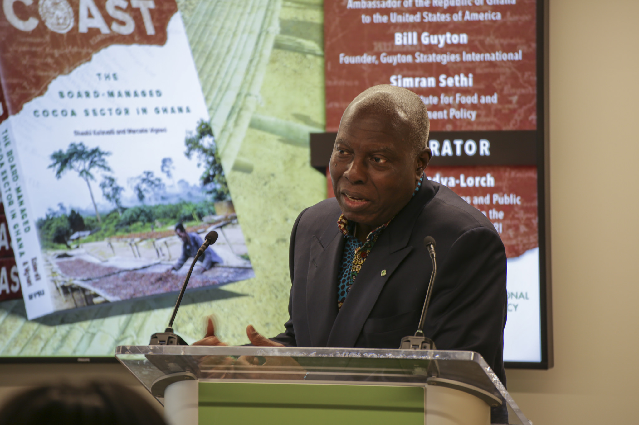 Barfuor Adjei-Barwuah, Ghana’s ambassador to the United States, speaks on the state of the cocoa industry. Ghana cocoa farmers are at the mercy of a global marketplace that keeps producer prices low, he said, while manufacturers reap most of the profits. Photo by Jessica Thomas/IFPRI