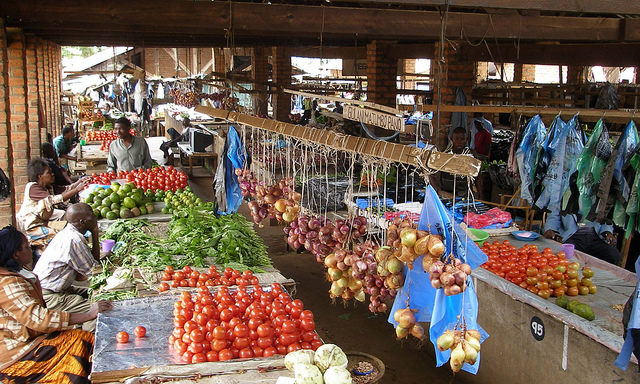 Produce sale at local market in Malawi.