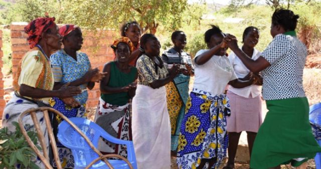 A group of women who are leading a push back to traditional grains dance in Marimanti ward of Kenya’s Tharaka Nithi county. Photo: Eleanor Manyasa, ICRISAT