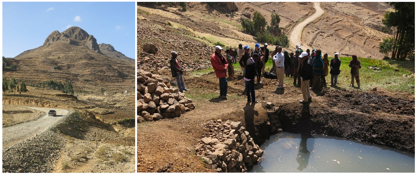 A presentation made at the workshop shows the stark difference in landscapes in Ethiopia – (L) without interventions and (R) with sustainable intensification. Photo: ICRISAT