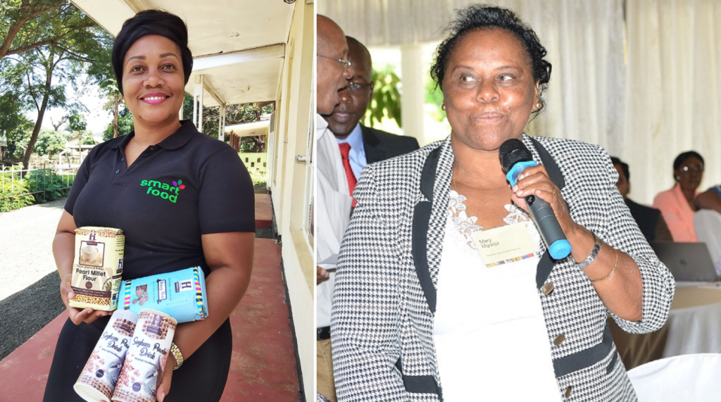 (L) Ms Agatha with her processed sorghum products. Photo: B Jayashree, ICRISAT (R) Dr Mary Mgonja, sorghum entrepreneur. Photo: Avisa Project