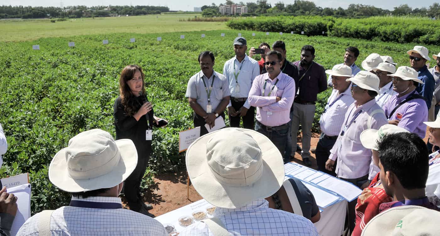 Dr Vania Azevedo, Head, Genebank, explains material conserved at ICRISAT during field day. Photo: PS Rao, ICRISAT