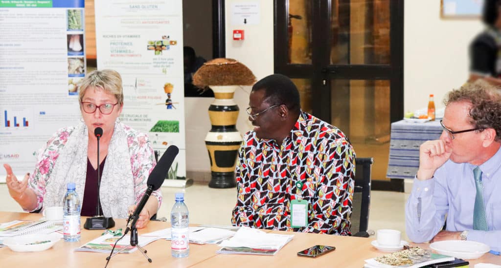 Ms Cheryl L Anderson, Senior Deputy Assistant Administrator for Africa Bureau, USAID, Dr Ramadjita Tabo, Research Program Director, WCA, ICRISAT and Mr Scott Dobberstein, Mission Director, USAID Mali, discussing the results. Photo: N Diakité, ICRISAT
