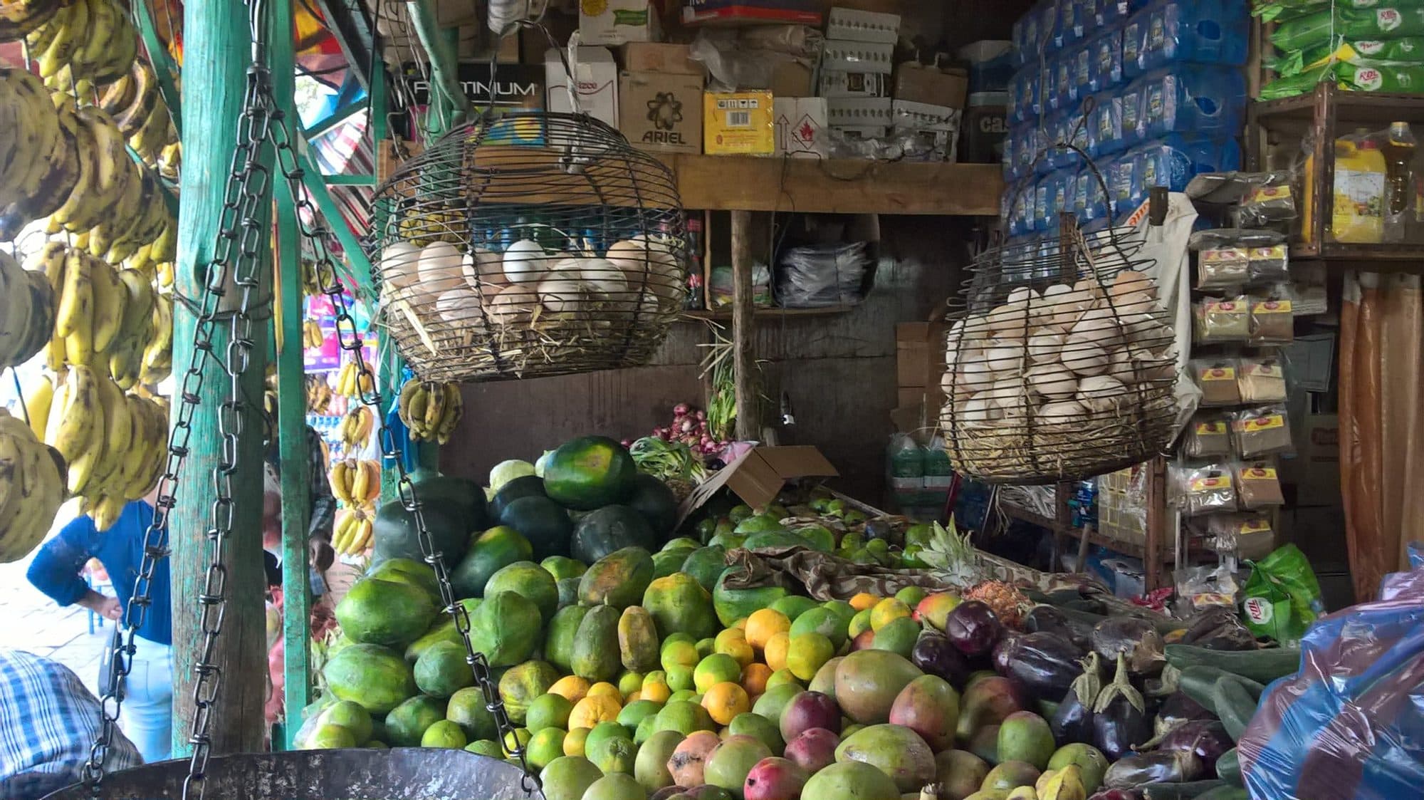 Fruit and vegetables on sale alongside other food items in a local market in Addis Ababa, Ethiopia (photo credit: ILRI/Geraldine Klarenberg).