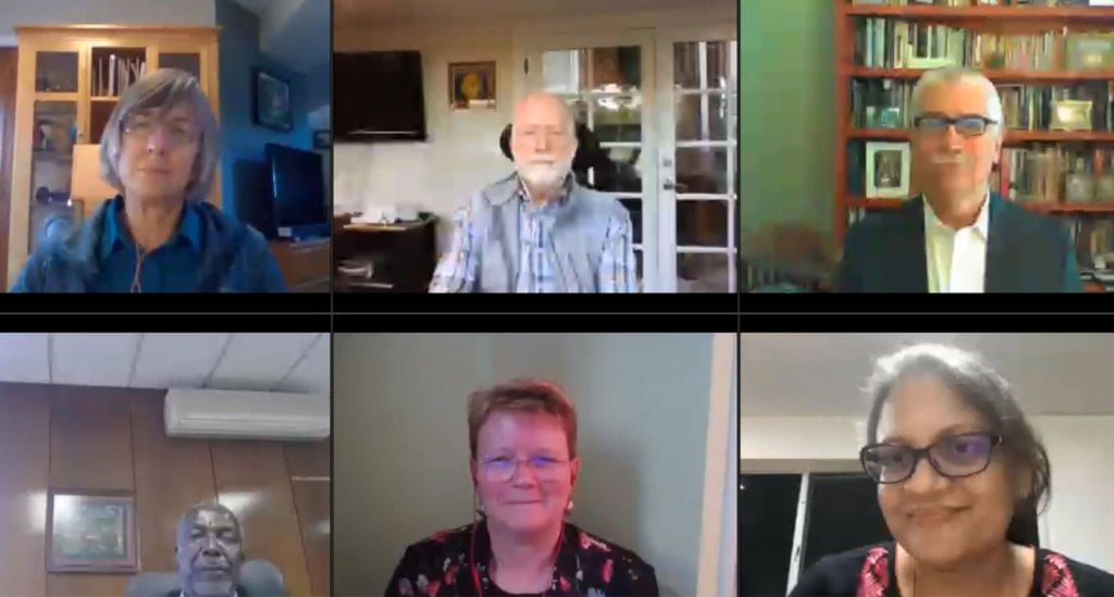 A screenshot from the first webinar. From top left to bottom right: Dr Lafitte, Dr Gutterson, Dr Bertram, Dr Mashingaidze, Dr Hughes and Dr Pooja Bhatnagar, Theme Leader – Cell, Molecular Biology & Genetic Engineering at ICRISAT. Photo: ICRISAT