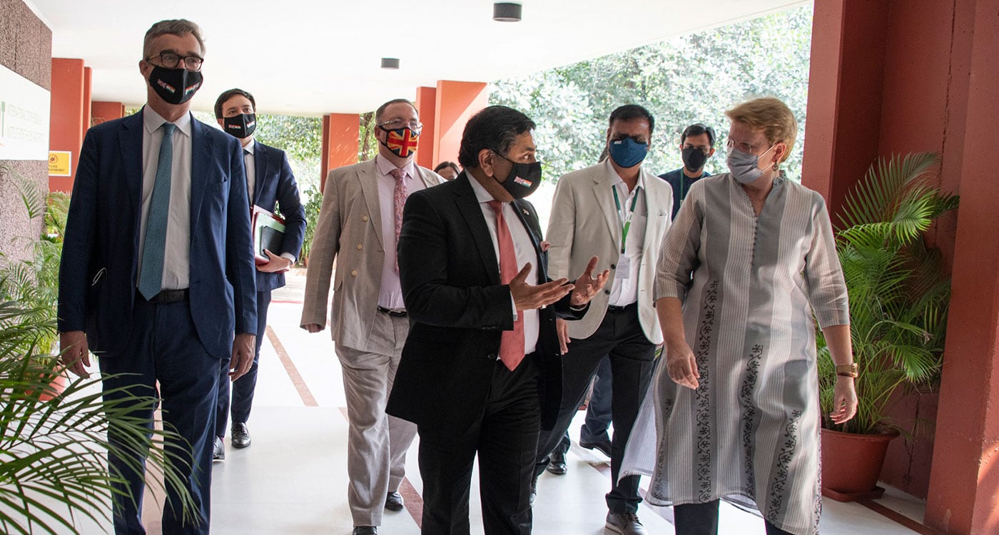 (left to right) High Commissioner Ellis, Lord Ahmad and Dr Jacqueline Hughes, Director General, ICRISAT, up on the arrival of the UK delegation at ICRISAT. Photo: PS Rao, ICRISAT