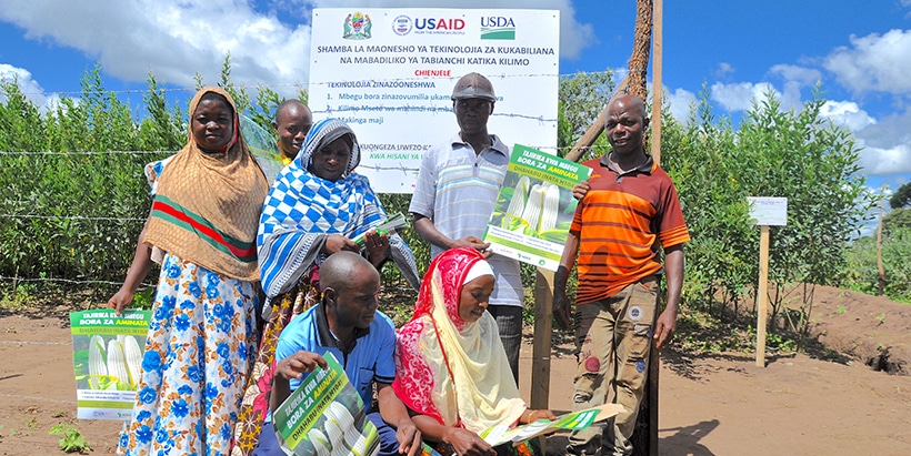 Ruangwa District Farmer Field school members supported by the project on the project plot where they’ve been learning CSA practices and technologies.