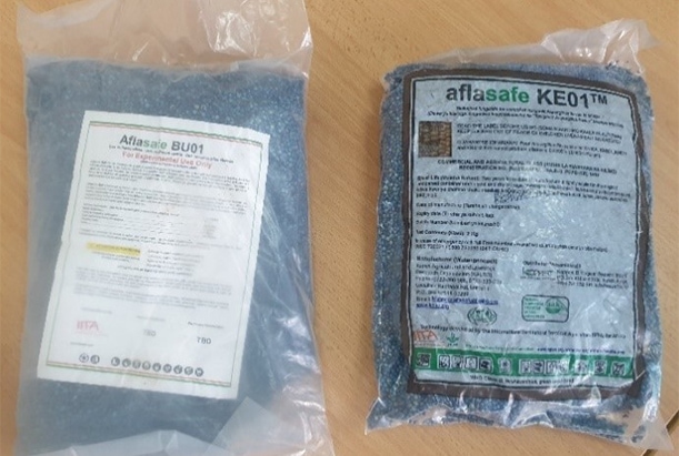 Picture of packaged brands of Aflasafe BU01 and KE01.