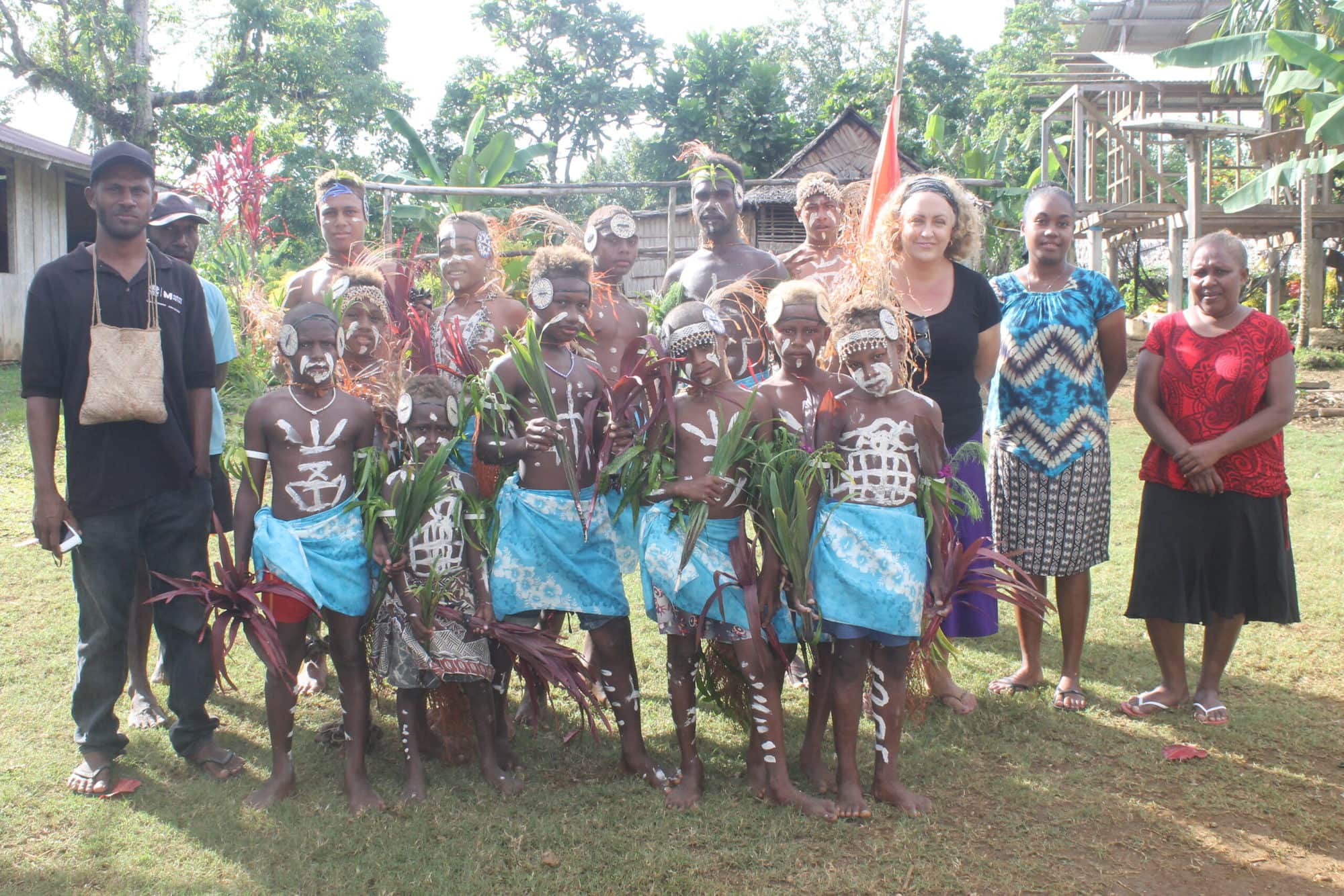 Anouk Ride together with the Provincial Fisheries Office staff and cultural dance performers at the opening of a community-based resource management plan review workshop in Adadaitolo, North Malaita. Photo by Anouk Ride.