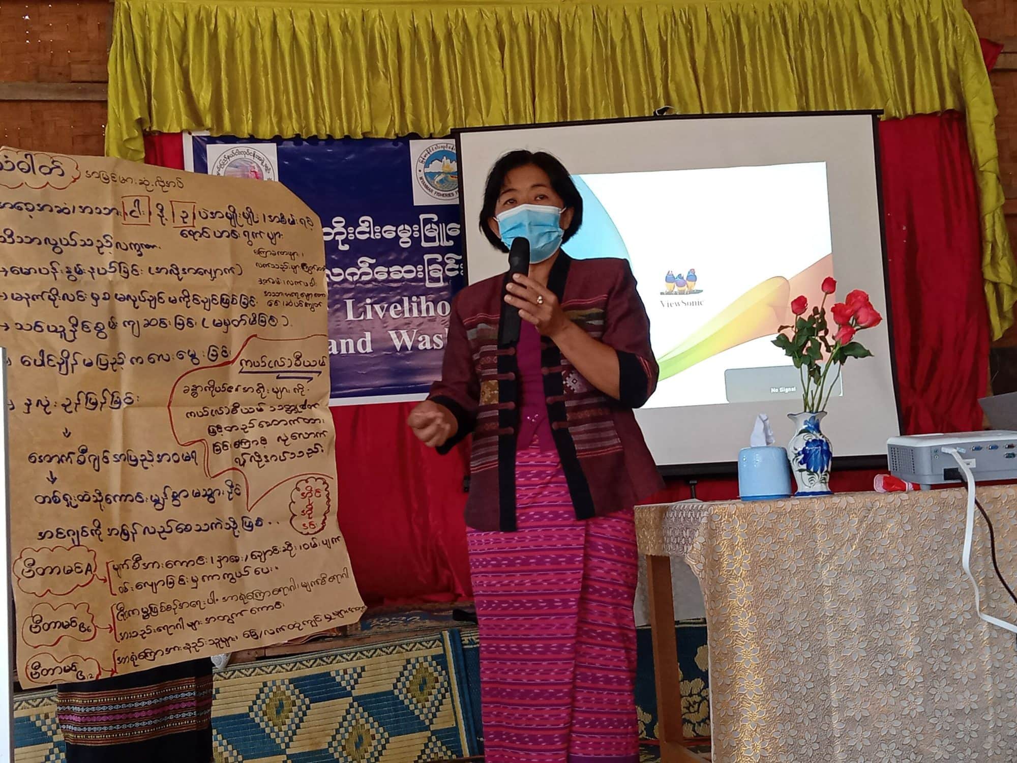 Daw Khin Soe Win, the Group Leader of Early Childhood Care and Development, speaks on the nutritional benefits of small fish.