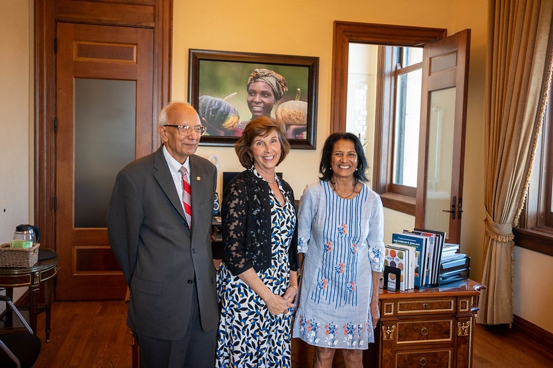 Shakuntala Thilsted (right) with World Food Prize Foundation President Barbara Stinson (middle) and 2020 World Food Prize Laureate Rattan Lal (left) in Des Moines, Iowa. Photo by Finn Thilsted.