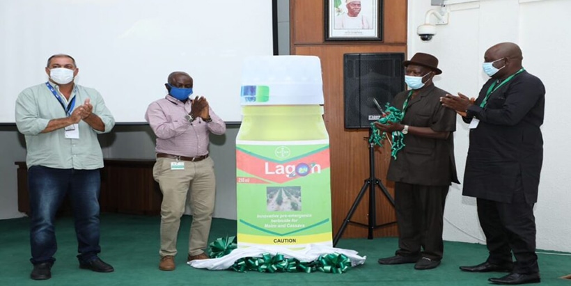 Cassava Farmer, Marcos Antonio Dalevedove; Country Sales Manager, Bayer Nigeria Limited, Temitope Banjo; IITA Director for Development and Delivery, Dr Alfred Dixon; Nigeria Cassava Growers Association representative, Simeon Adetunji during the launch of Lagon for weed control in Cassava in Ibadan.