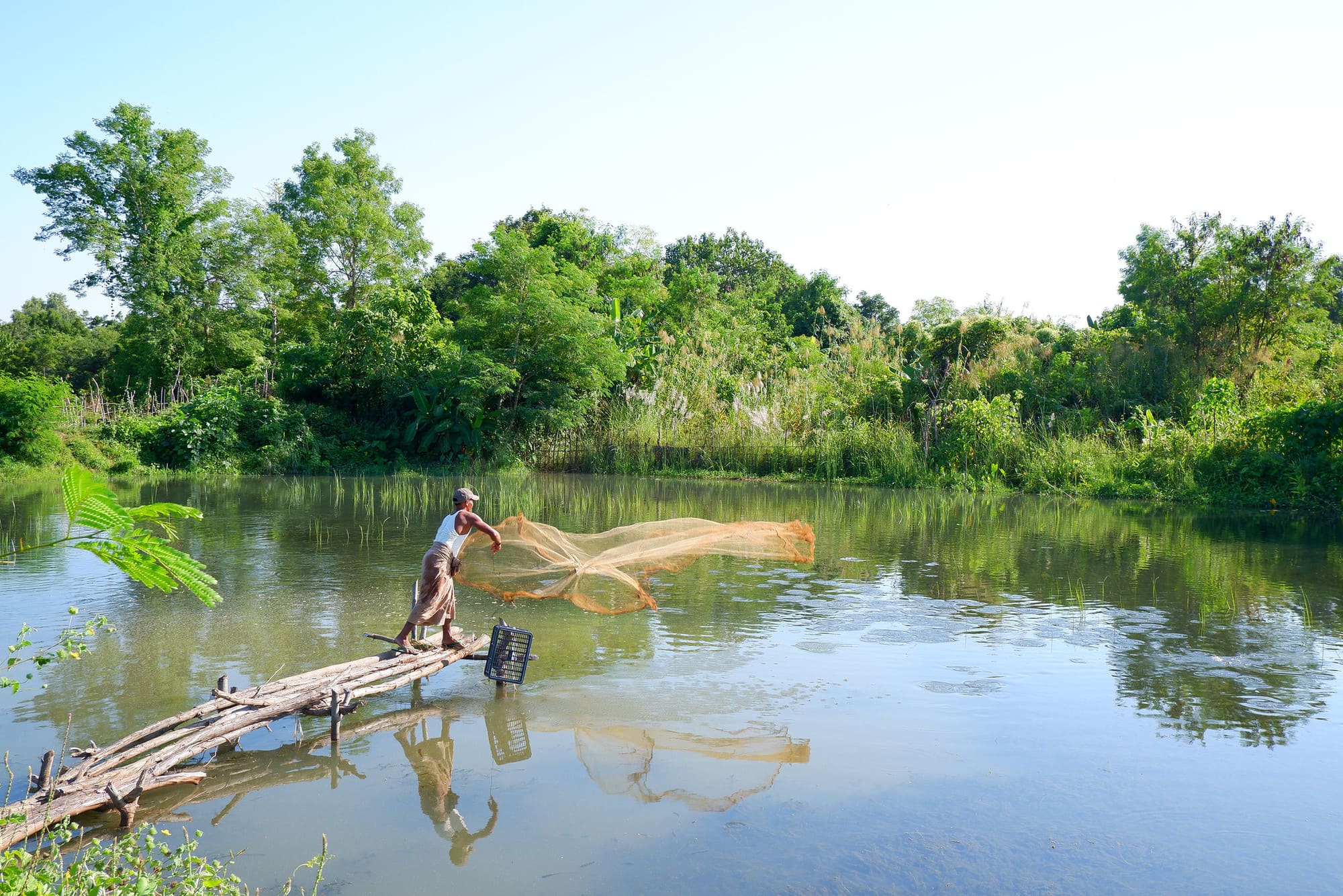 Fish farmer U Zaw Zaw casts his net in the Mandalay region of Myanmar. Photo by Kyaw-Win-Khaing.