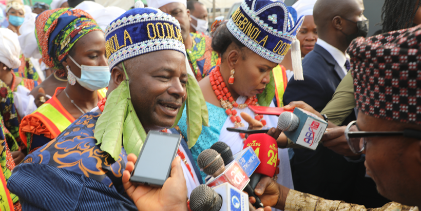 IITA Director General, Chief Nteranya Sanginga, speaking with the media at his chieftancy conferment ceremony.