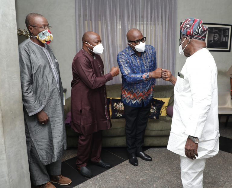 IITA Goodwill Ambassador, Chief Olusegun Obasanjo welcomes Special Envoy Birindwa, Ntwali, and DG Sanginga.