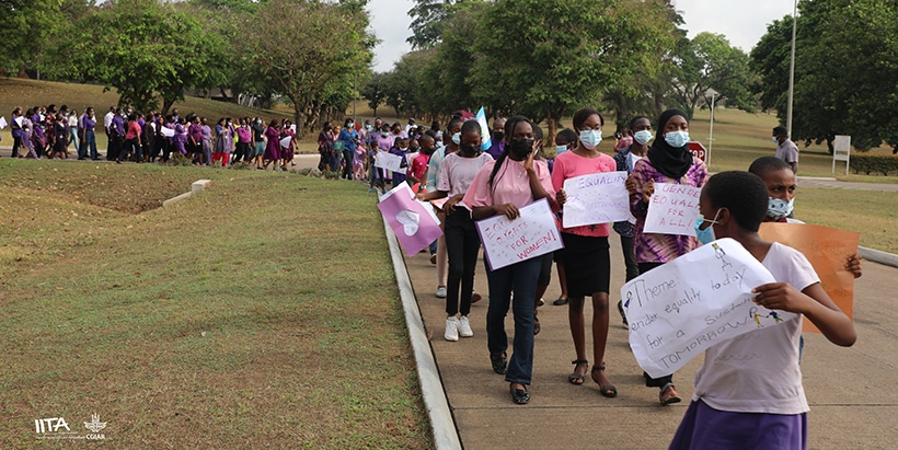 Staff and IITA International School students celebrating IWD with a “Walk for Purpose”.